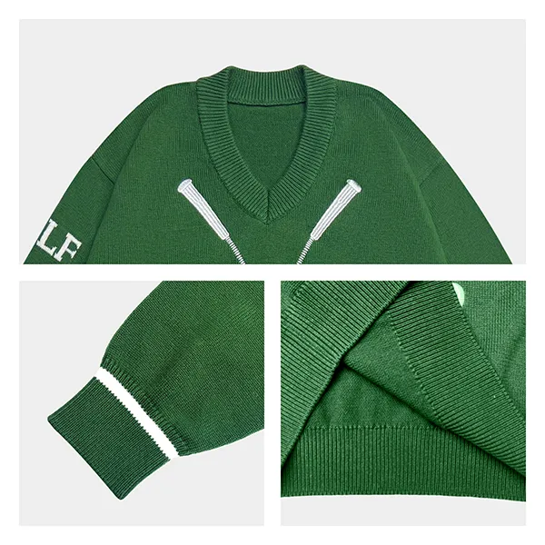v-neck golf embroidered knit pullover knitting details