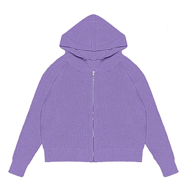 full zip waffle knit hoodie with raglan sleeves purple