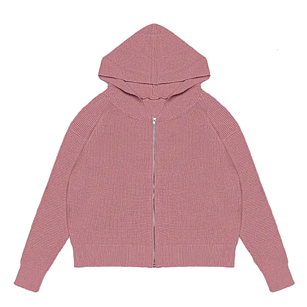 full zip waffle knit hoodie with raglan sleeves pink