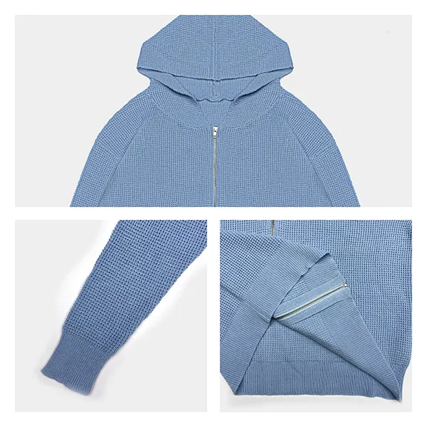 full zip waffle knit hoodie with raglan sleeves knitting details