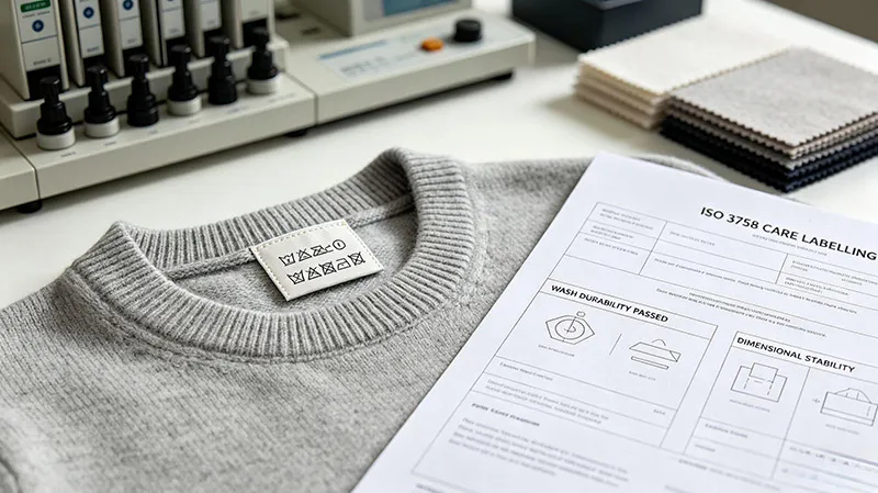 ISO 3758 compliant care label on merino wool sweater with wash-durability testing documents