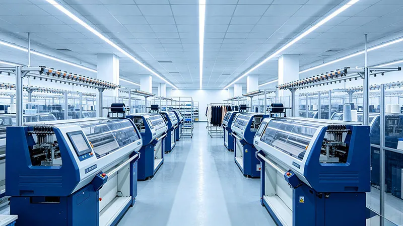 Modern computerized flat knitting machine workshop at Guangzhou Junma Apparel sweater manufacturing factory