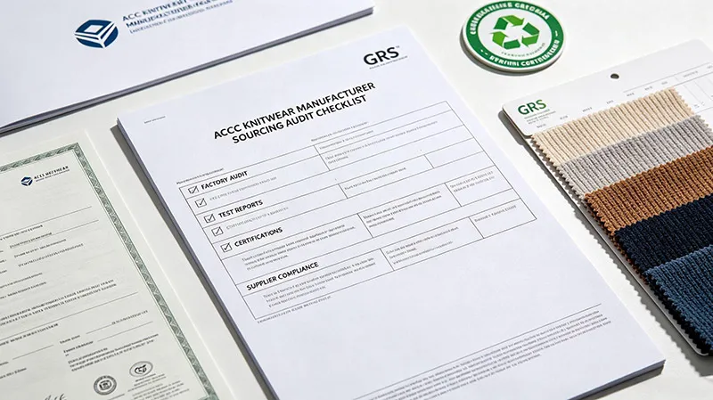 ACCC knitwear manufacturer sourcing audit checklist with GRS certified recycled fiber yarn swatches