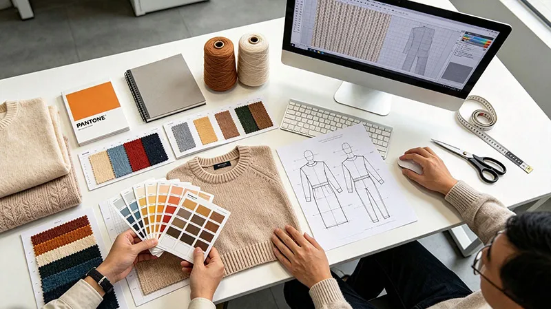 Design team working on custom sweater collection samples, color matching with Pantone swatches and CAD software