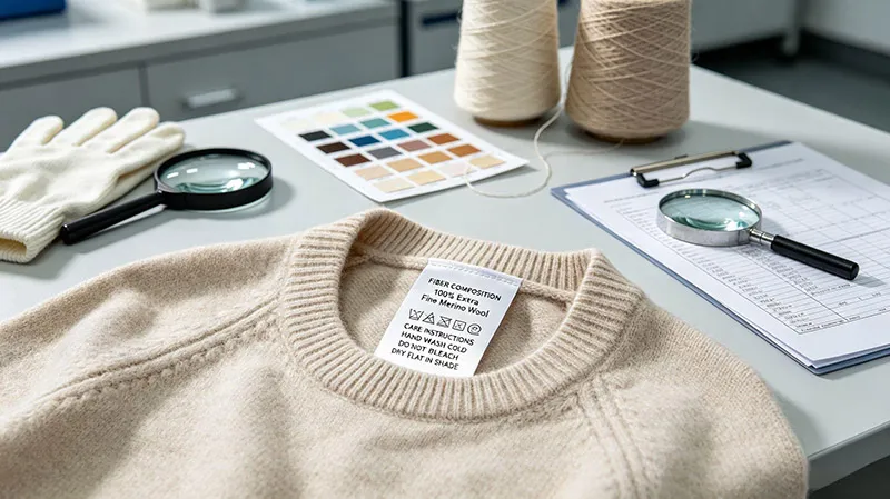 Extra fine merino wool sweater showing compliant care label and fiber composition for ACCC export regulations
