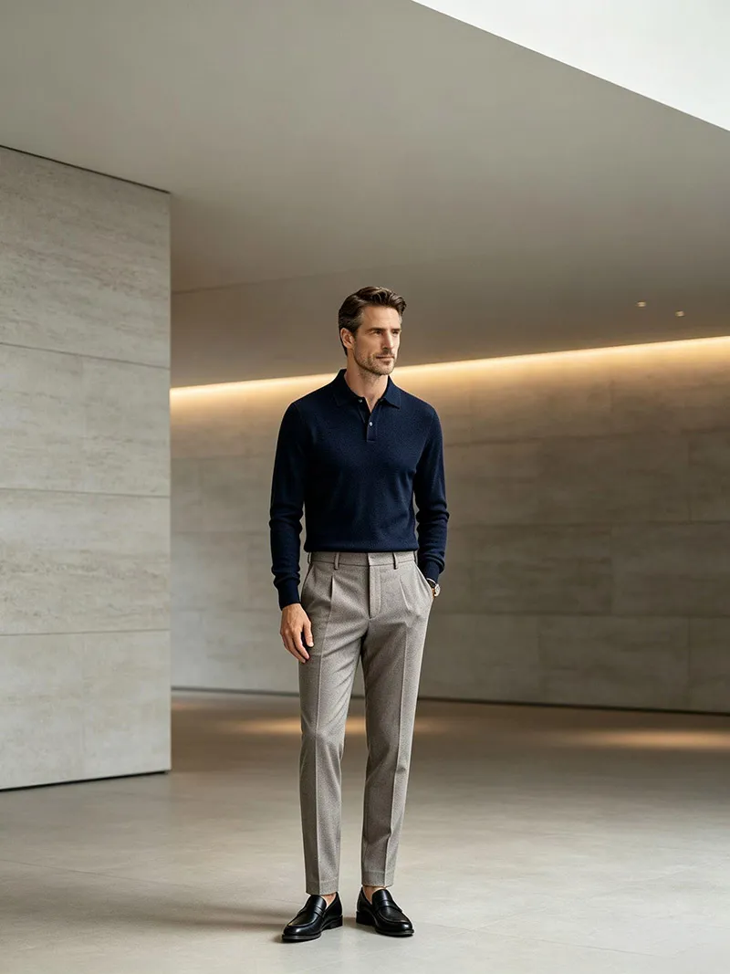 Premium men's knit polo sweater styled for smart casual wear by JM Sweater
