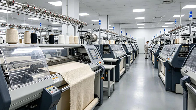 STOOL and Shima Seiki computerized flat knitting machines producing 18GG fine-gauge knit polo sweaters