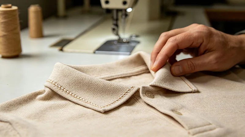 Hand-linking seam construction detail on a luxury men's knit polo sweater collar and shoulder
