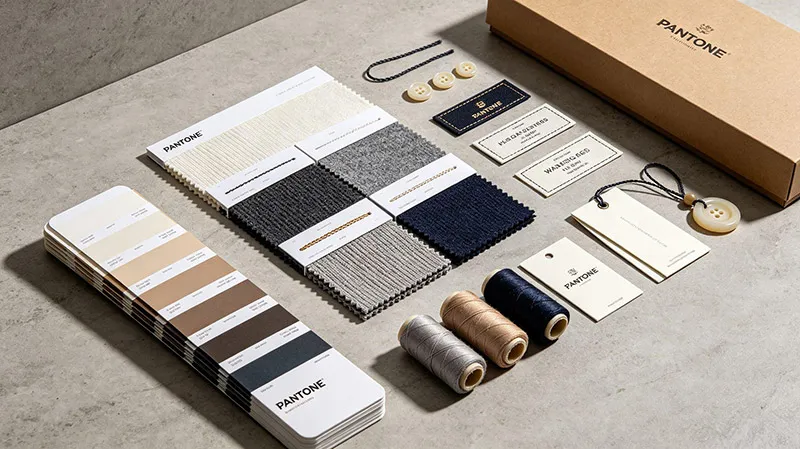 Custom labels, Pantone yarn swatches, and buttons for OEM ODM knitwear manufacturing