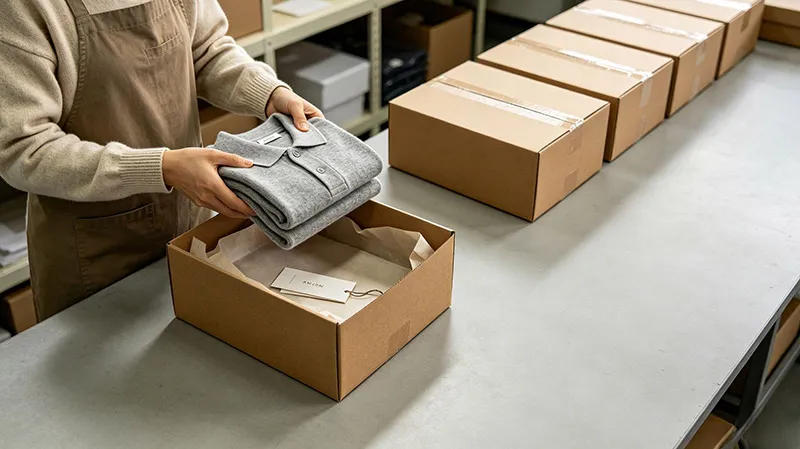 Strict quality control and bulk packaging line at JM Sweater knitwear factory