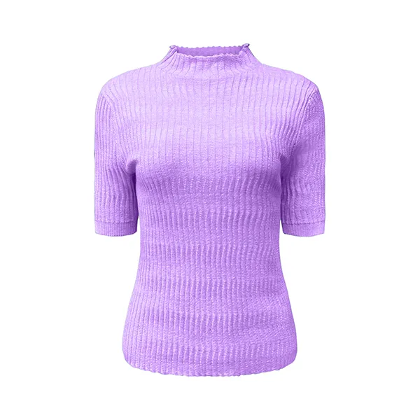 short sleeve mock neck ribbed knit top slim fit pullover purple