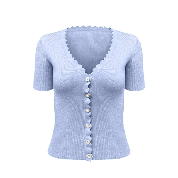 short sleeve scalloped edge v-neck ribbed knit cardigan top purple