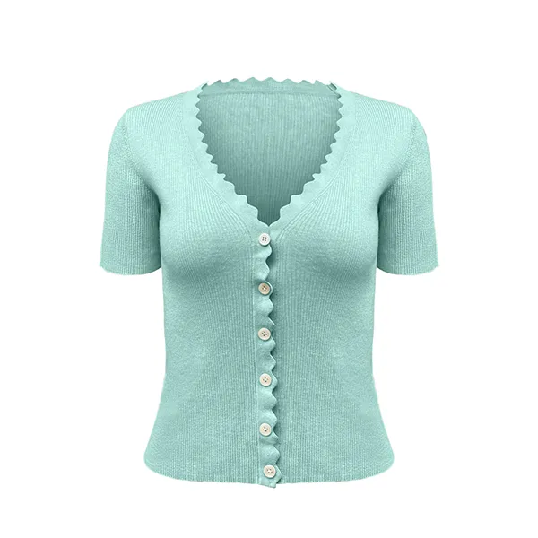 short sleeve scalloped edge v-neck ribbed knit cardigan top cyan