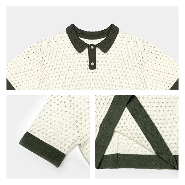 short sleeve pointelle knit polo shirt with contrast trim knitting details