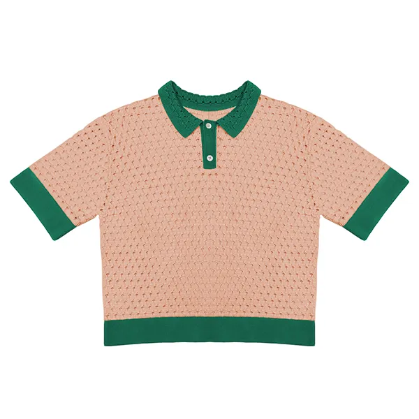 short sleeve pointelle knit polo shirt with contrast trim beige