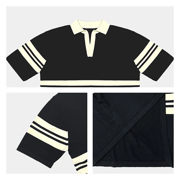 short sleeve stripe rugby polo shirt with contrast collar knitting details