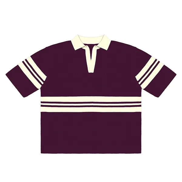 purple short sleeve stripe rugby polo shirt with contrast collar