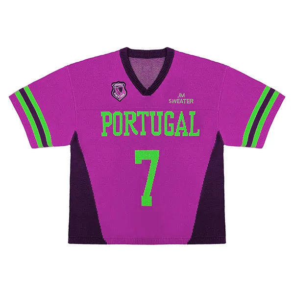 purple short sleeve v-neck soccer jersey graphic knit pullover