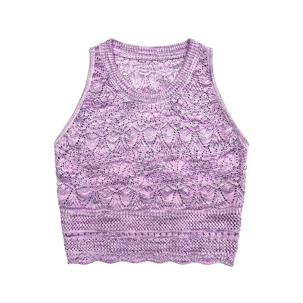 purple space dye pointelle knit tank top with scalloped wave hem