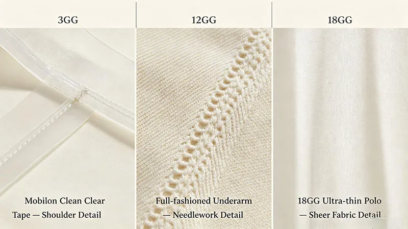 Comparison of 3GG, 12GG, and 18GG knitwear: shoulder tape, full-fashioned underarm, sheer fabric.