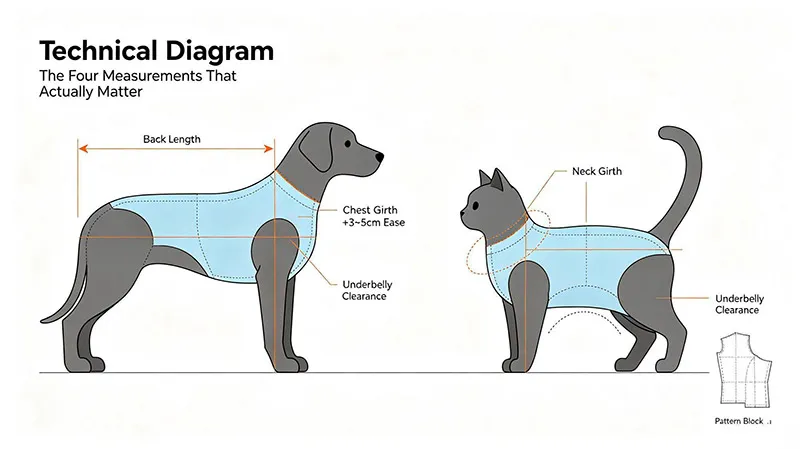 Anatomical pet sweater measurement diagram and sizing guide
