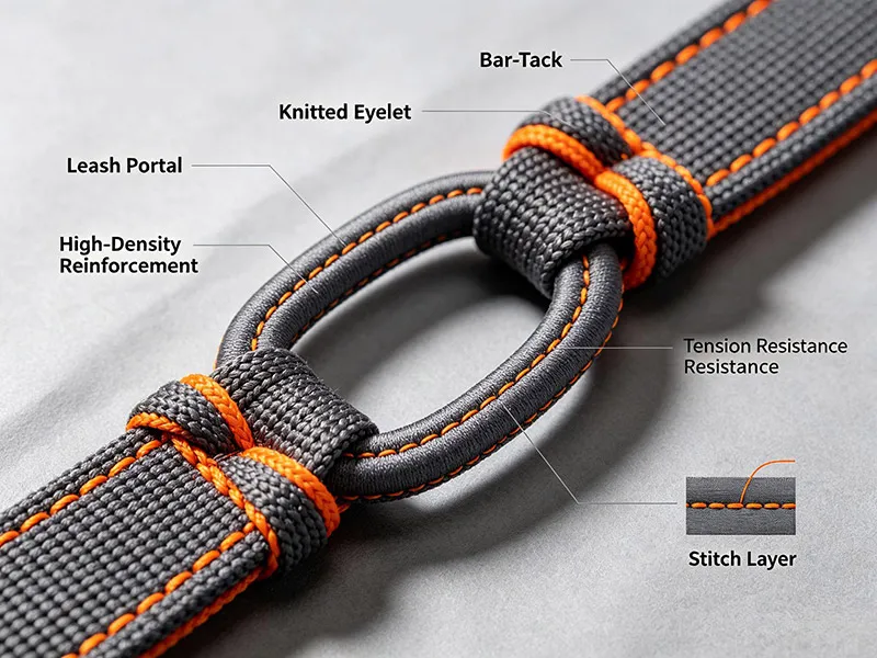 Reinforced bar tack stitching on pet sweater leash portal