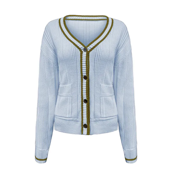 blue v-neck tipped ribbed cardigan preppy button down sweater
