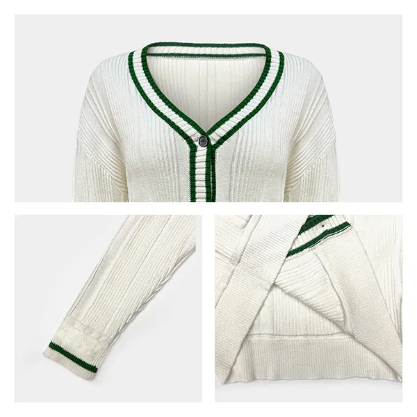 v-neck tipped ribbed cardigan preppy button down sweater knitting details
