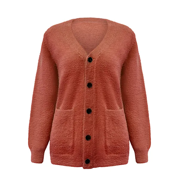 red fluffy fuzzy v-neck cardigan oversized pocket sweater