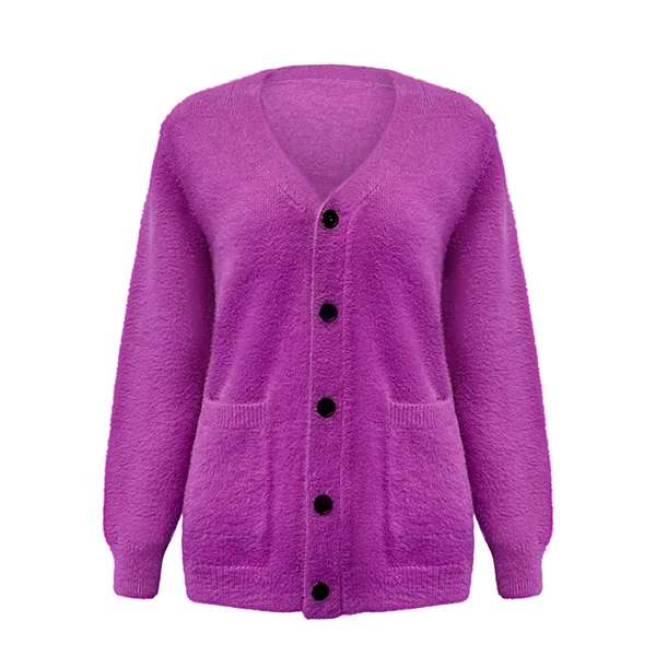 purple fluffy fuzzy v-neck cardigan oversized pocket sweater