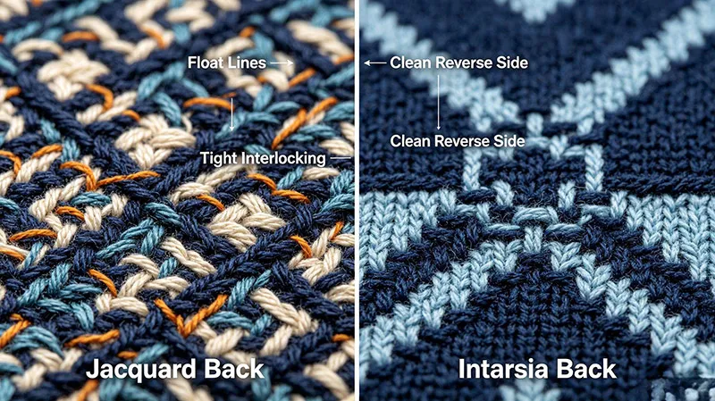Intarsia vs Jacquard back floats comparison in knitwear dress manufacturing