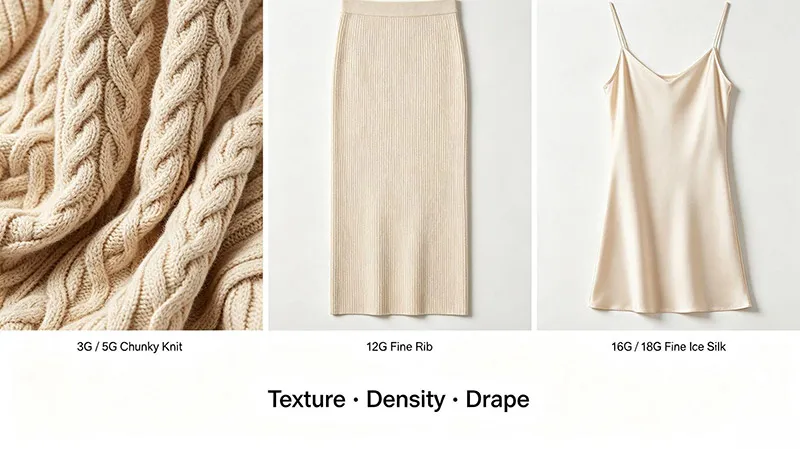 Visual comparison of 3G, 12G, and 18G women's knit dress fabric textures and drape