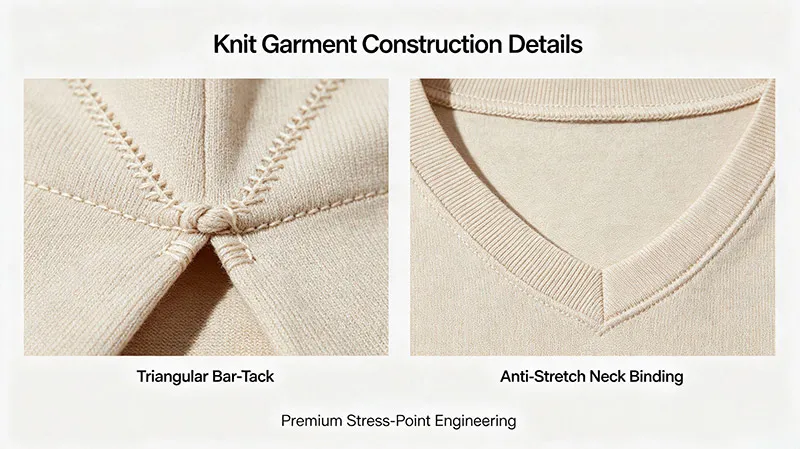 Garment detail of bar-tack slit reinforcement and bound neckline on a knit dress