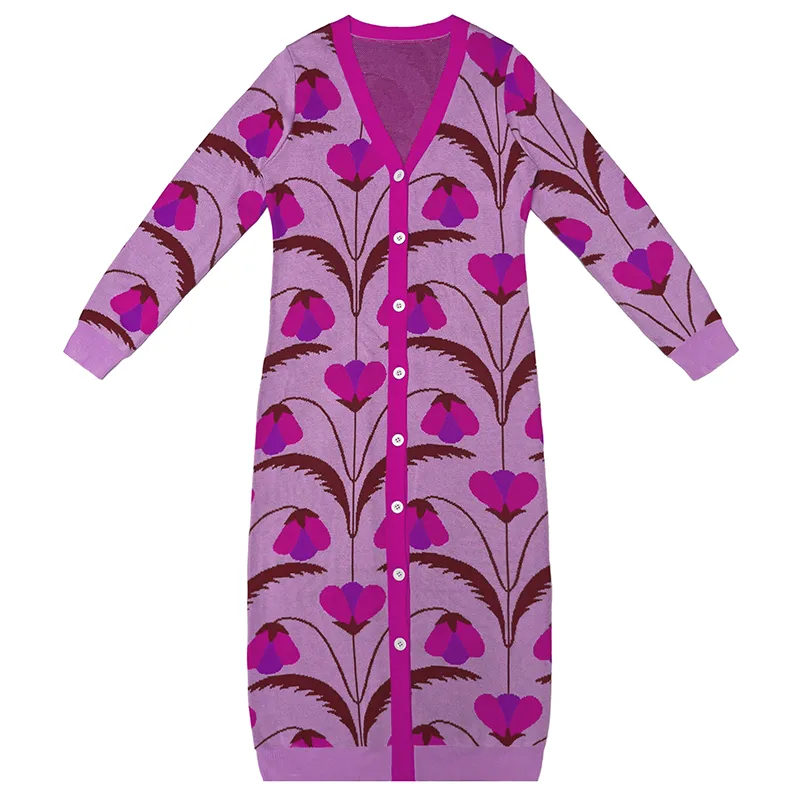 purple floral jacquard v-neck long cardigan dress button maxi