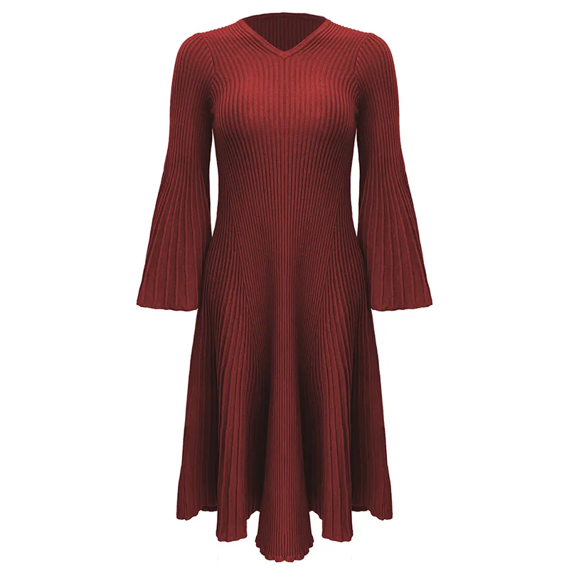 red ribbed v-neck bell sleeve fit and flare sweater dress