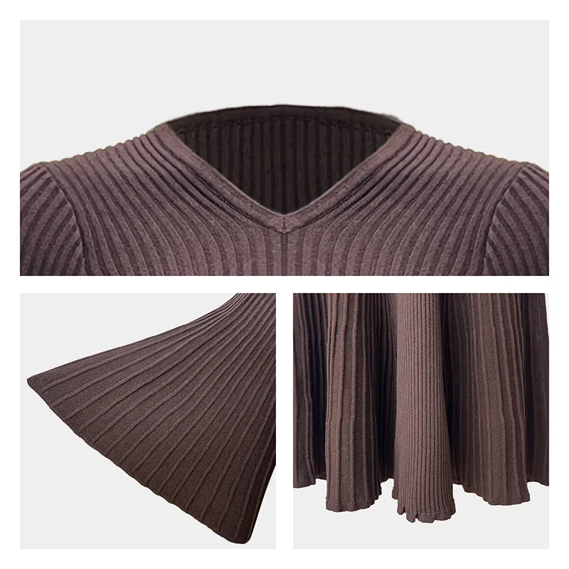 ribbed v-neck bell sleeve fit and flare sweater dress knitting details