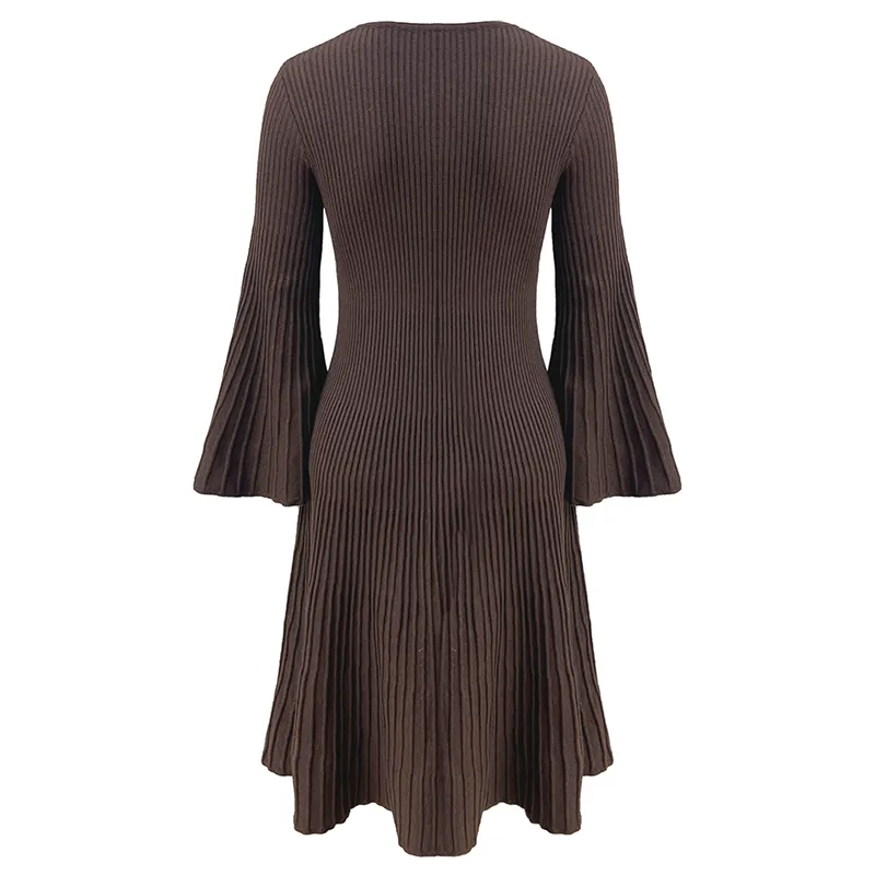 ribbed v-neck bell sleeve fit and flare sweater dress back