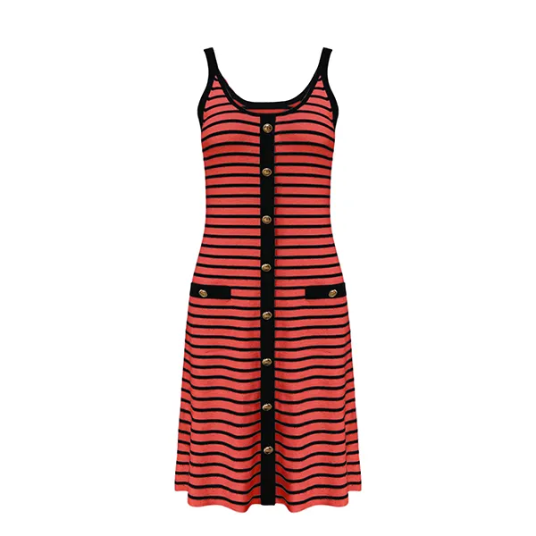 red striped sleeveless knit cami dress with contrast pockets