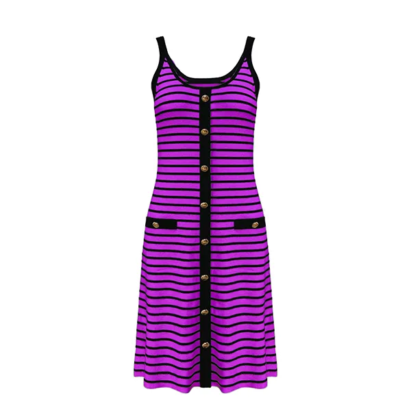 purple striped sleeveless knit cami dress with contrast pockets