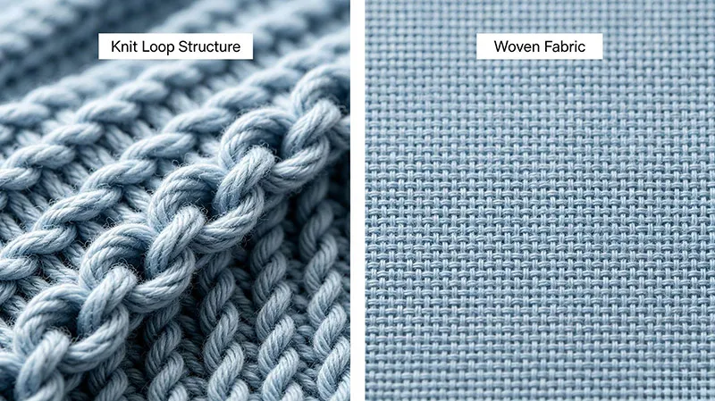 Comparison between knitwear loop structure and woven fabric