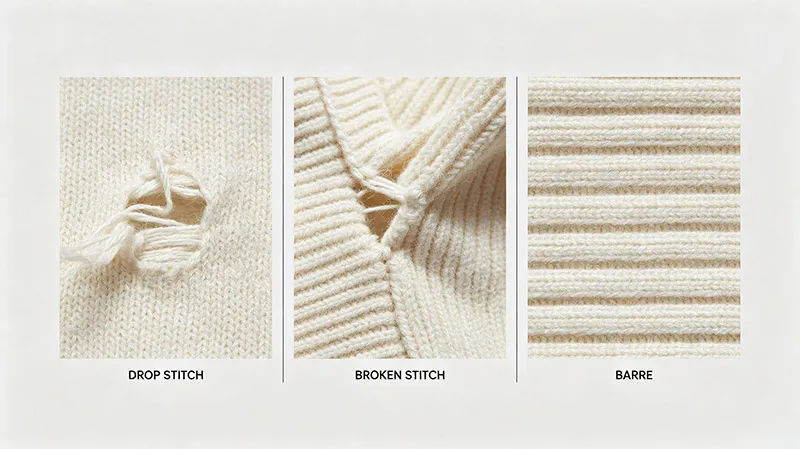 Common major knitwear defects including drop stitch and seam bursting