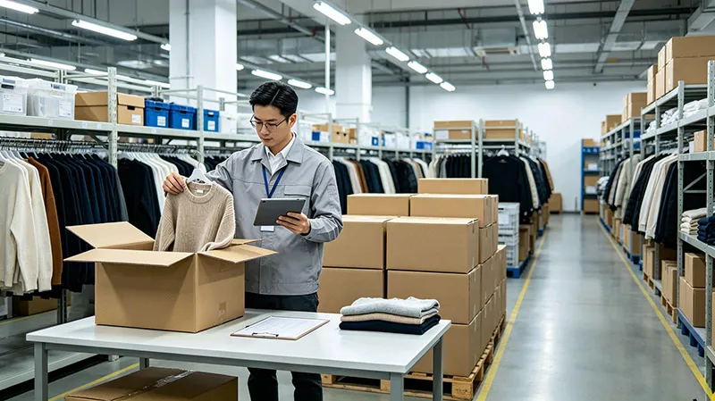 QC inspector performing ISO 2859-1 AQL sampling in sweater warehouse