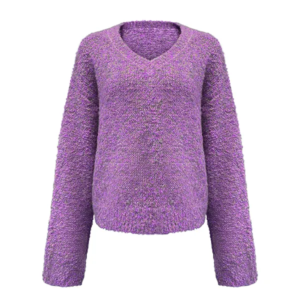 purple boucle textured v-neck fuzzy chunky knit pullover
