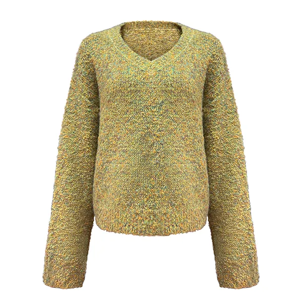 yellow boucle textured v-neck fuzzy chunky knit pullover