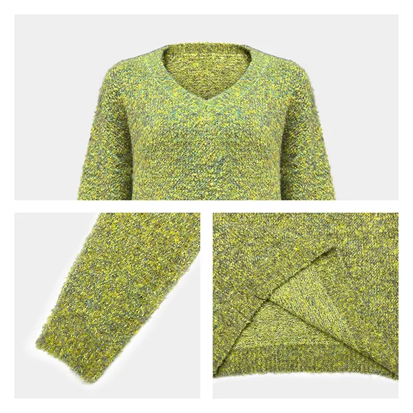 boucle textured v-neck fuzzy chunky knit pullover knitting details