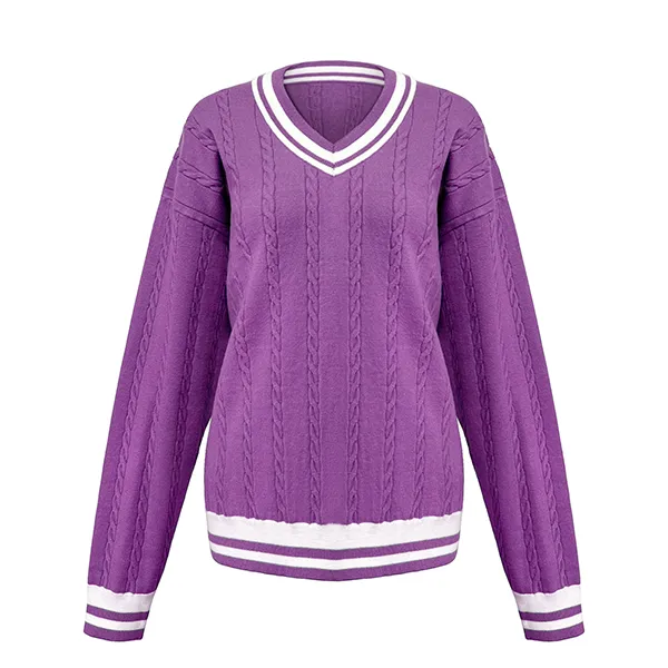 purple cable knit v-neck varsity sweater contrast striped trim