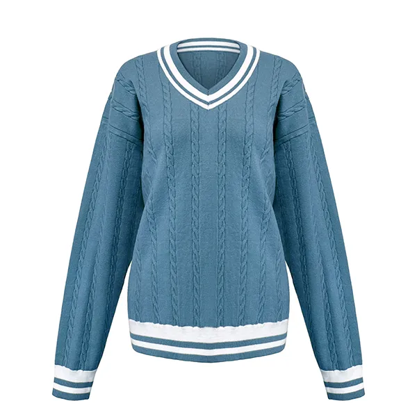 blue cable knit v-neck varsity sweater contrast striped trim