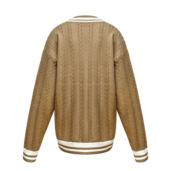cable knit v-neck varsity sweater contrast striped trim back