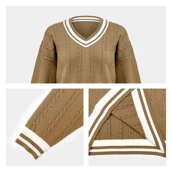 cable knit v-neck varsity sweater contrast striped trim knitting details