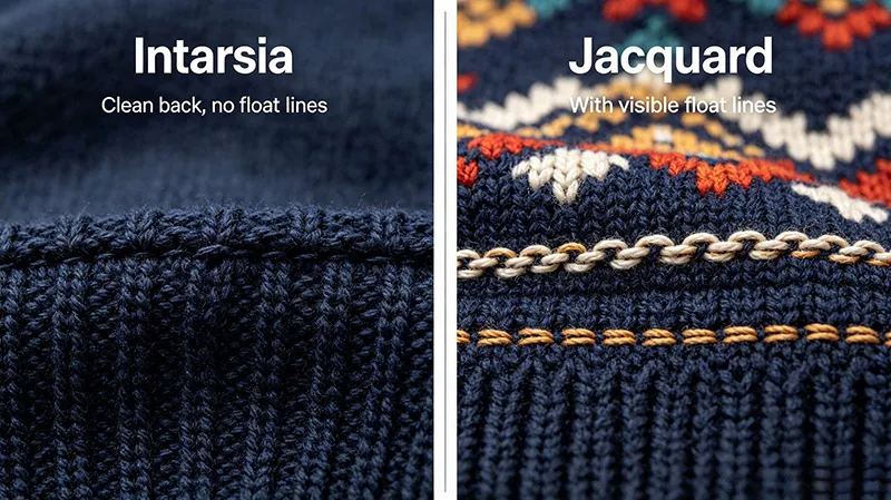 Low-MOQ custom intarsia sweaters clean back finish vs jacquard floats